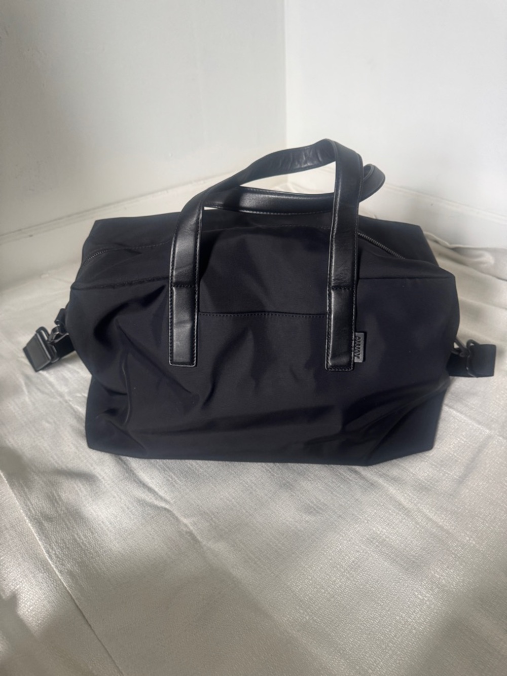 Away Weekender Bag Black Carry-On Travel Tote Minimal Nylon w/ Leather Handles